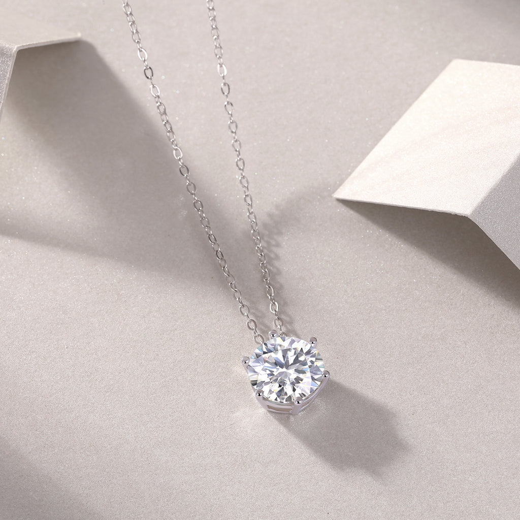 Afternoon solitaire pendant necklace sterling silver rhodium plated synthetic moissanite