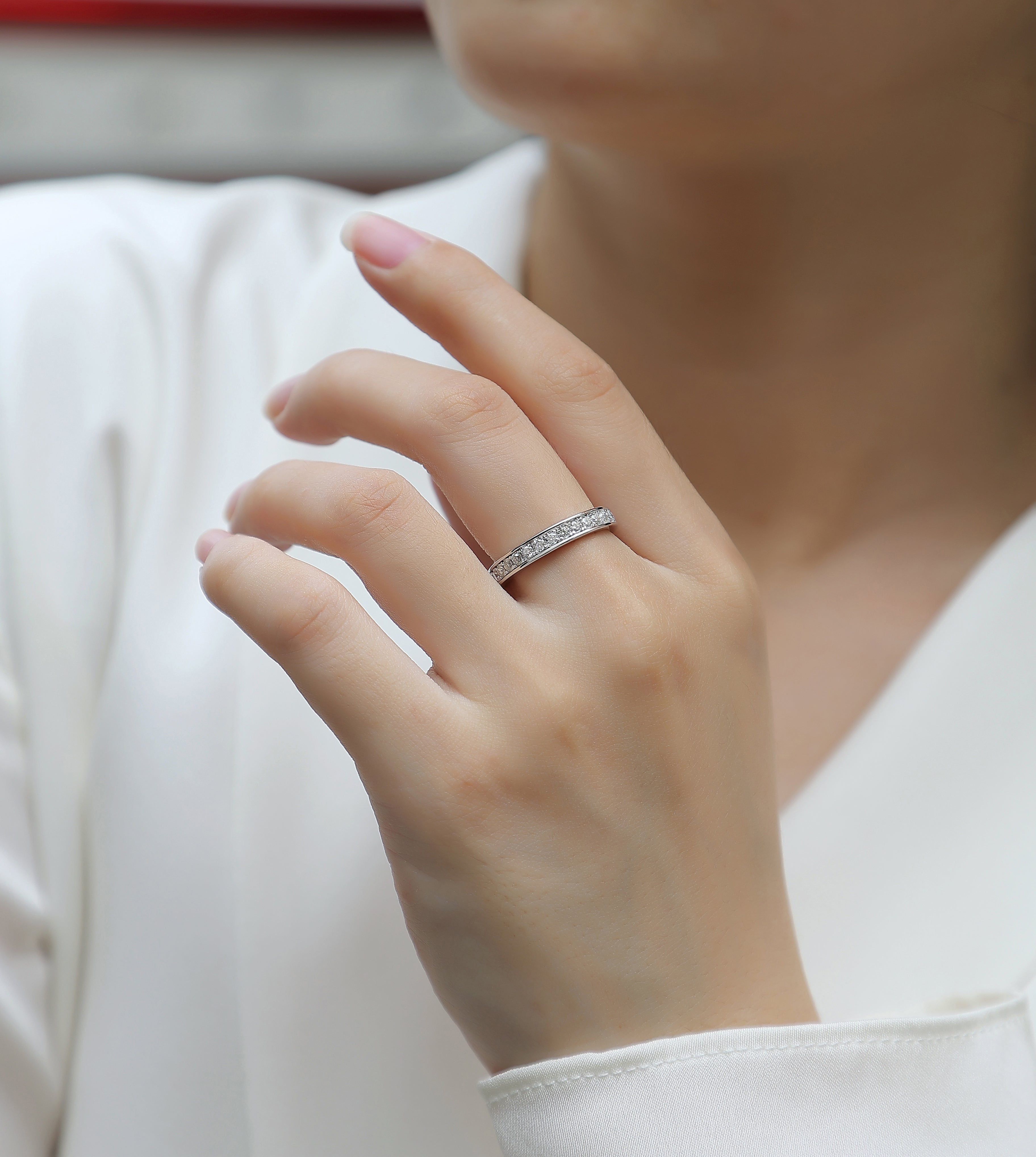 Trail ring sterling silver rhodium plated synthetic moissanite