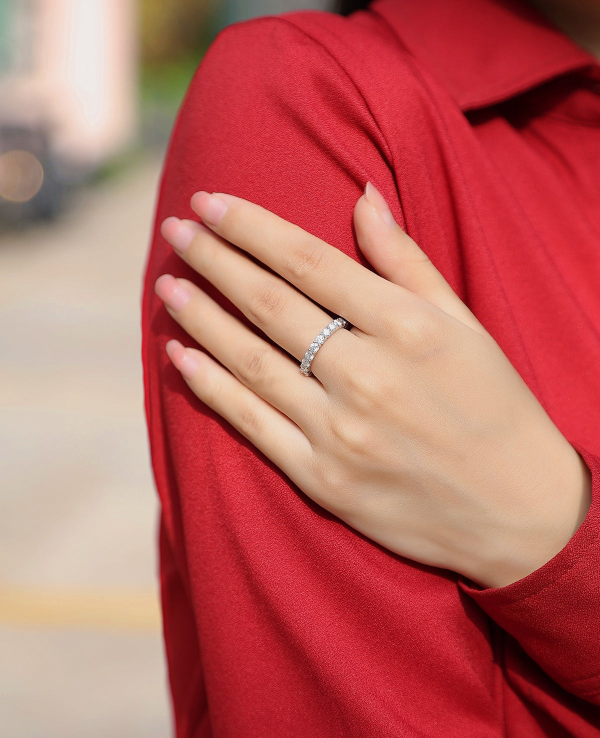 Shimmer ring sterling silver rhodium plated synthetic moissanite