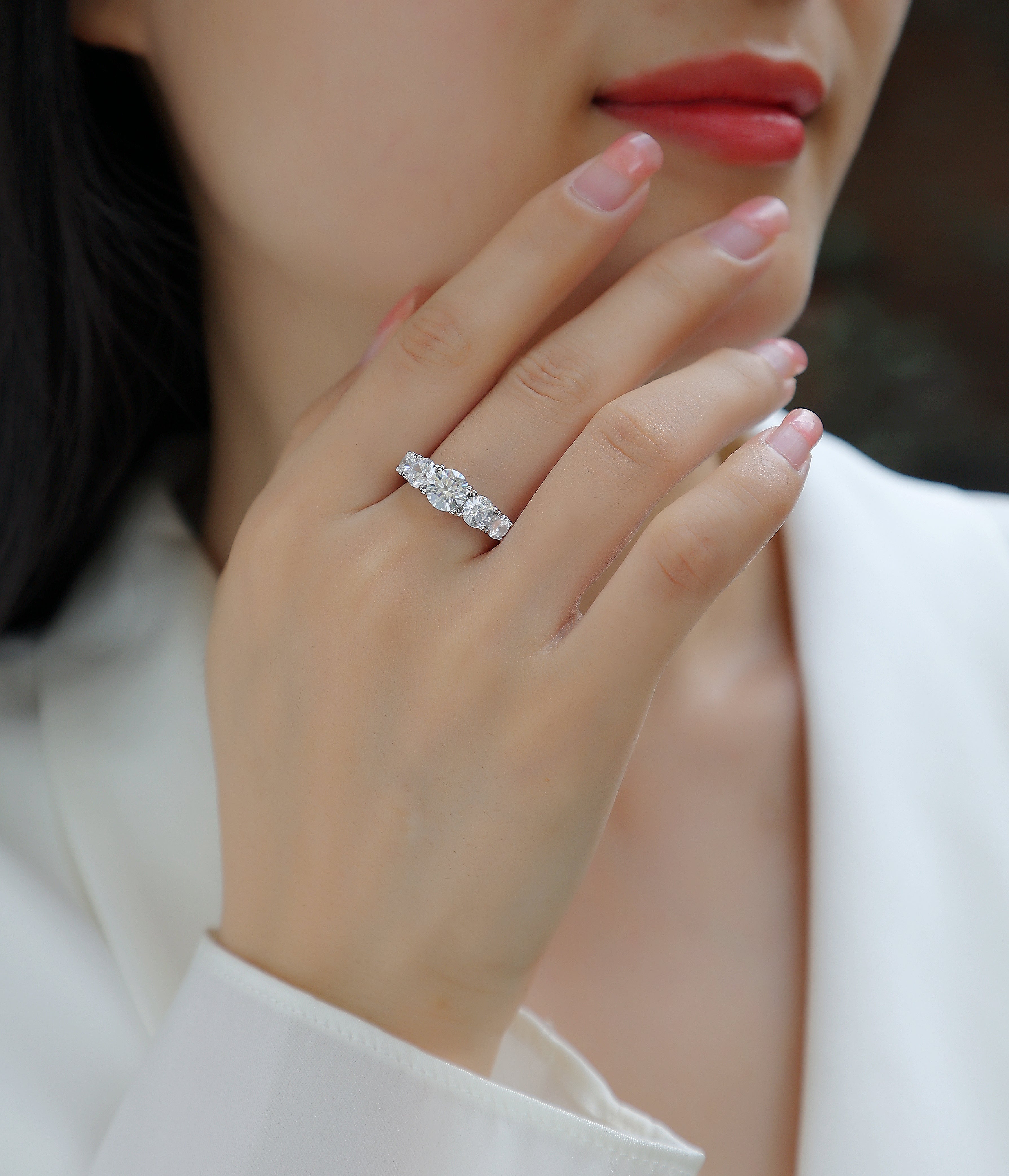 Devotion ring sterling silver rhodium plated synthetic moissanite
