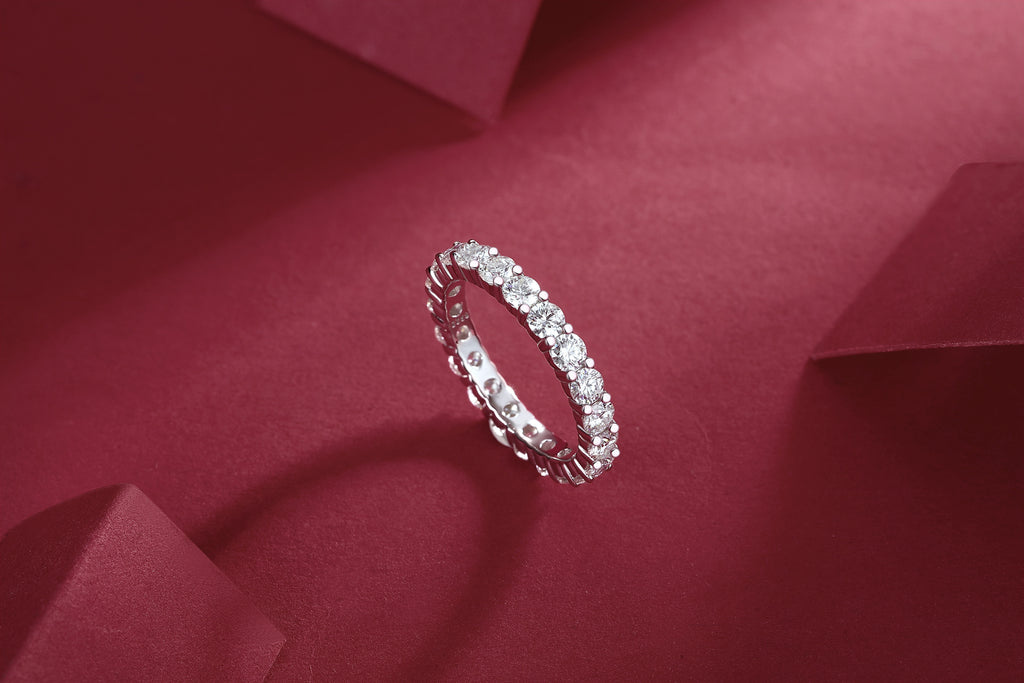 Shimmer pavé half-eternity ring sterling silver rhodium plated synthetic moissanite