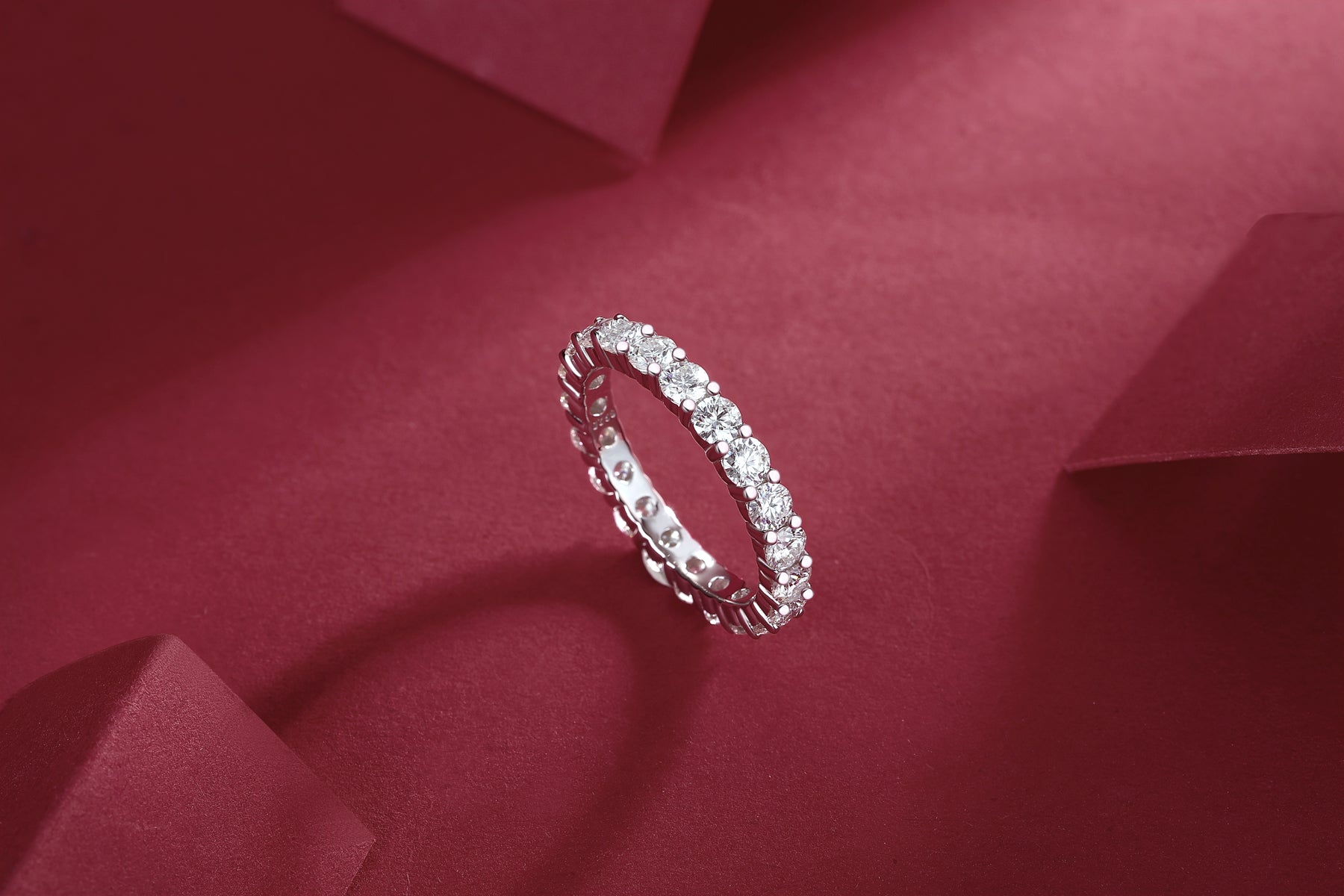 Shimmer pavé half-eternity ring sterling silver rhodium plated synthetic moissanite